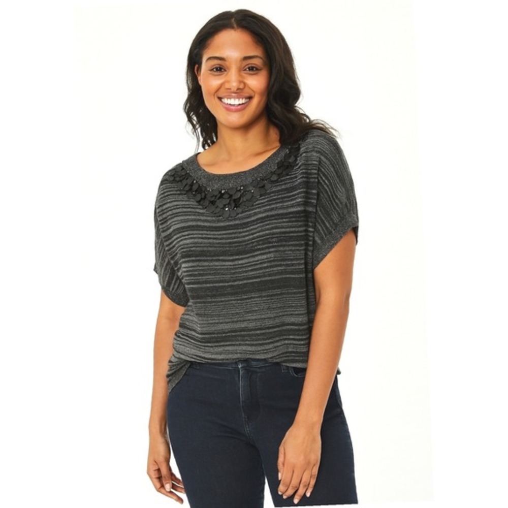 LOFT Striped Sweater Beaded Neckline Dolman Sleeve XS  Wool Blend Casual 57-28‎